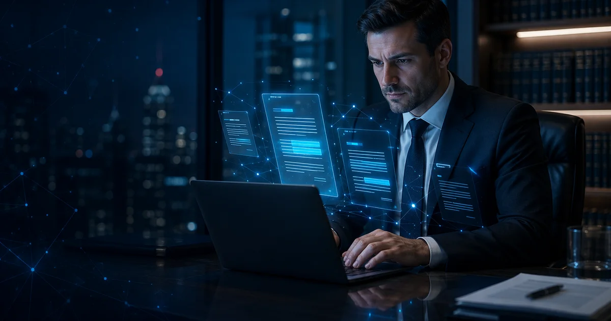 AI contract review software for a law firm, an attorney reviewing contracts with AI clause-extraction and document-analysis highlighting key terms, keeping a lawyer in the loop