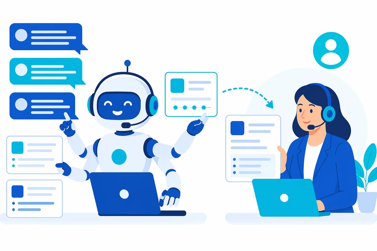 An AI customer service agent with a headset handling multiple customer chats and tickets at once while passing a complex case to a human agent, illustrating automated support with human escalation