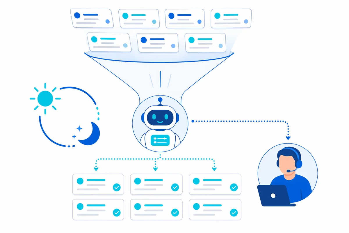 An AI agent deflecting routine support tickets around the clock, resolving most automatically and escalating a few to a human agent, with a 24/7 indicator