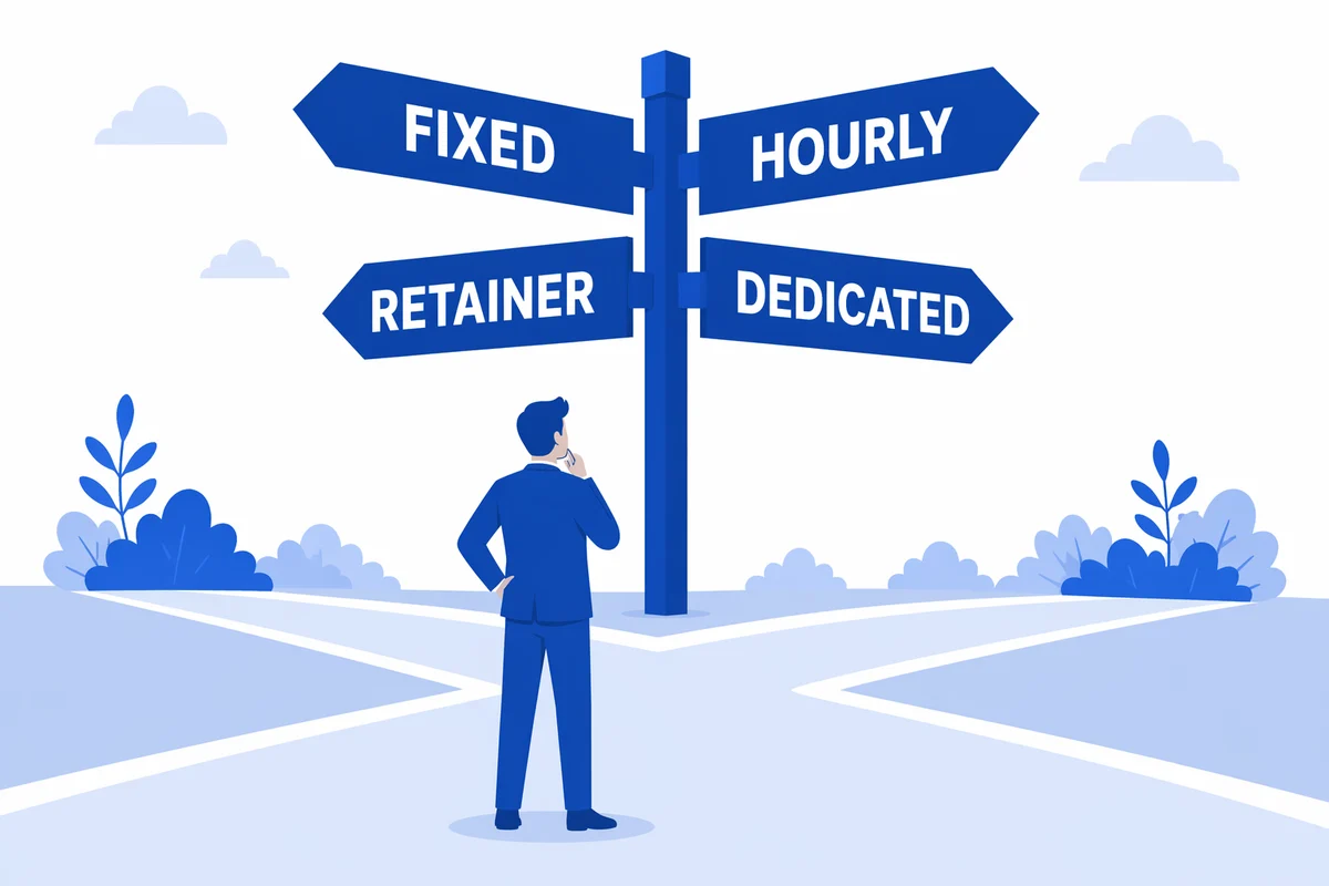 A decision crossroads with signposts for fixed-price, hourly, retainer, and dedicated team AI development pricing models