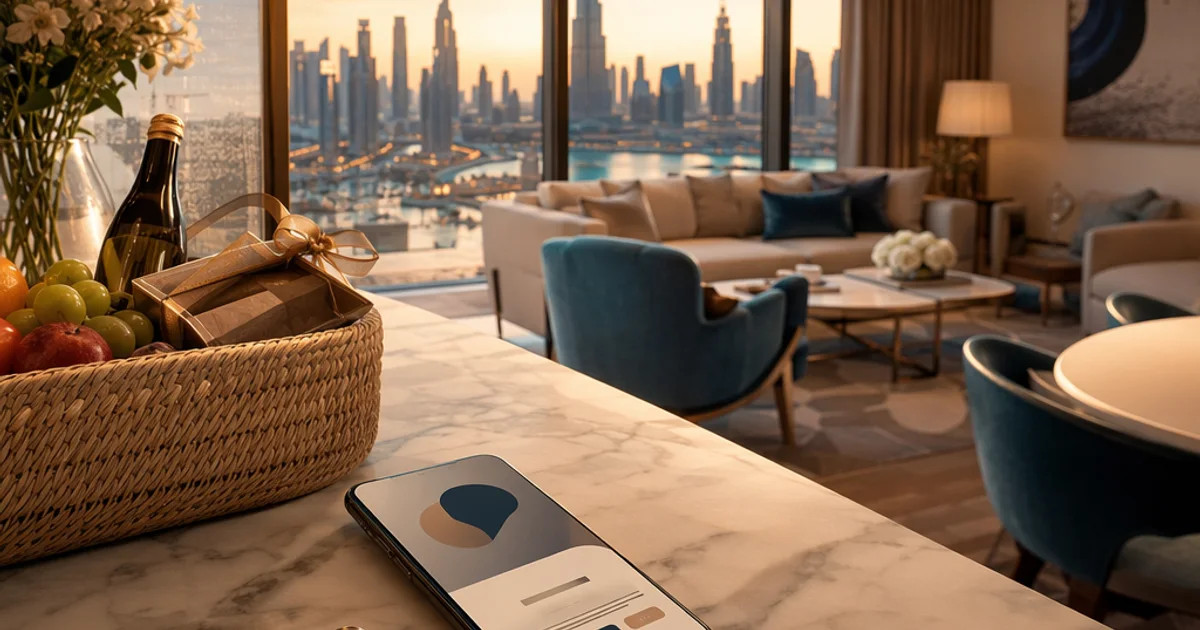 AI for a Dubai holiday-home operation, instant multilingual guest replies, bookings synced across Airbnb and Booking.com, demand-based pricing and turnover coordination running behind a Dubai skyline apartment