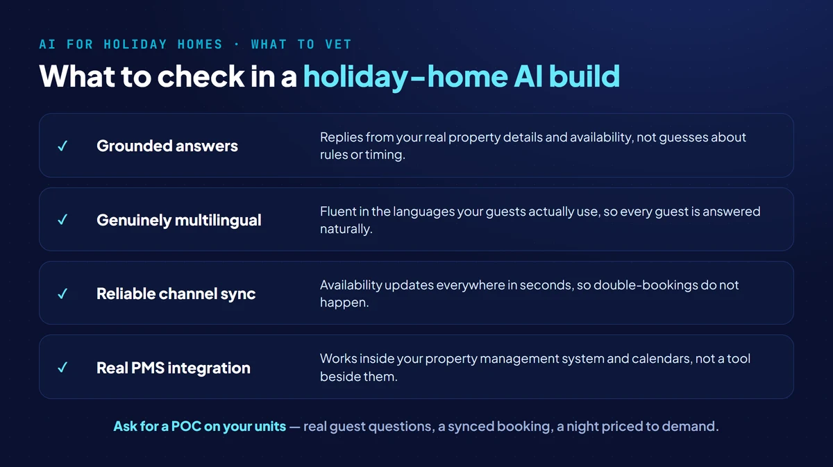 What to vet in a Dubai holiday-home AI build: answers grounded in your property data, genuine multilingual support, reliable channel sync, and real PMS integration