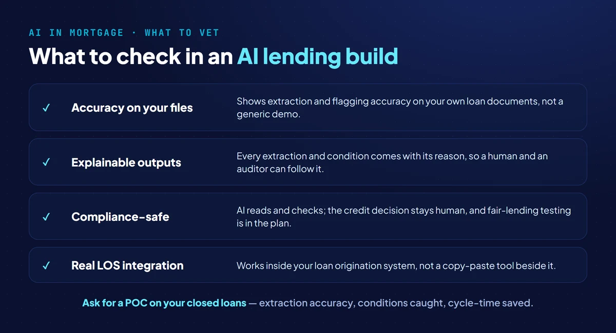 What to vet in an AI mortgage build: document extraction accuracy on your own files, explainable outputs, fair-lending and compliance-safe design, and real LOS integration
