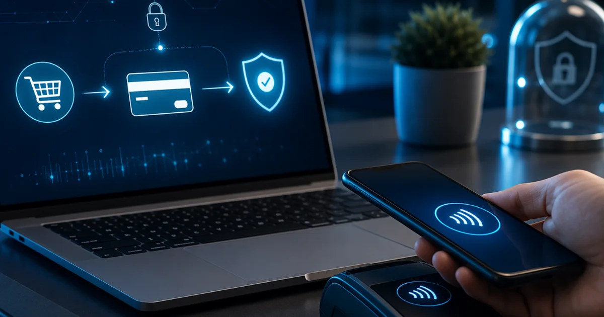 AI in a payment gateway, real-time fraud risk scoring, chargeback prevention, failed-payment recovery and smart routing running behind a secure checkout on a laptop with a card and phone