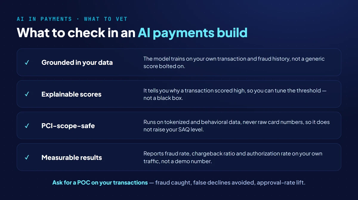 What to vet in an AI payment gateway build: a model grounded in your own transaction data, explainable risk scores, PCI-scope-safe design on tokenized data, and measurable results on fraud rate and authorization rate