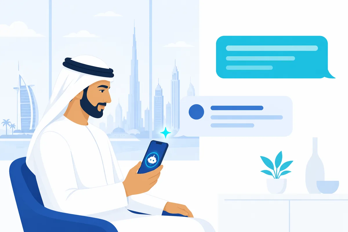 A UAE customer messaging an AI chatbot on a smartphone in both Arabic and English, with a Dubai skyline behind, showing a bilingual chatbot answering naturally