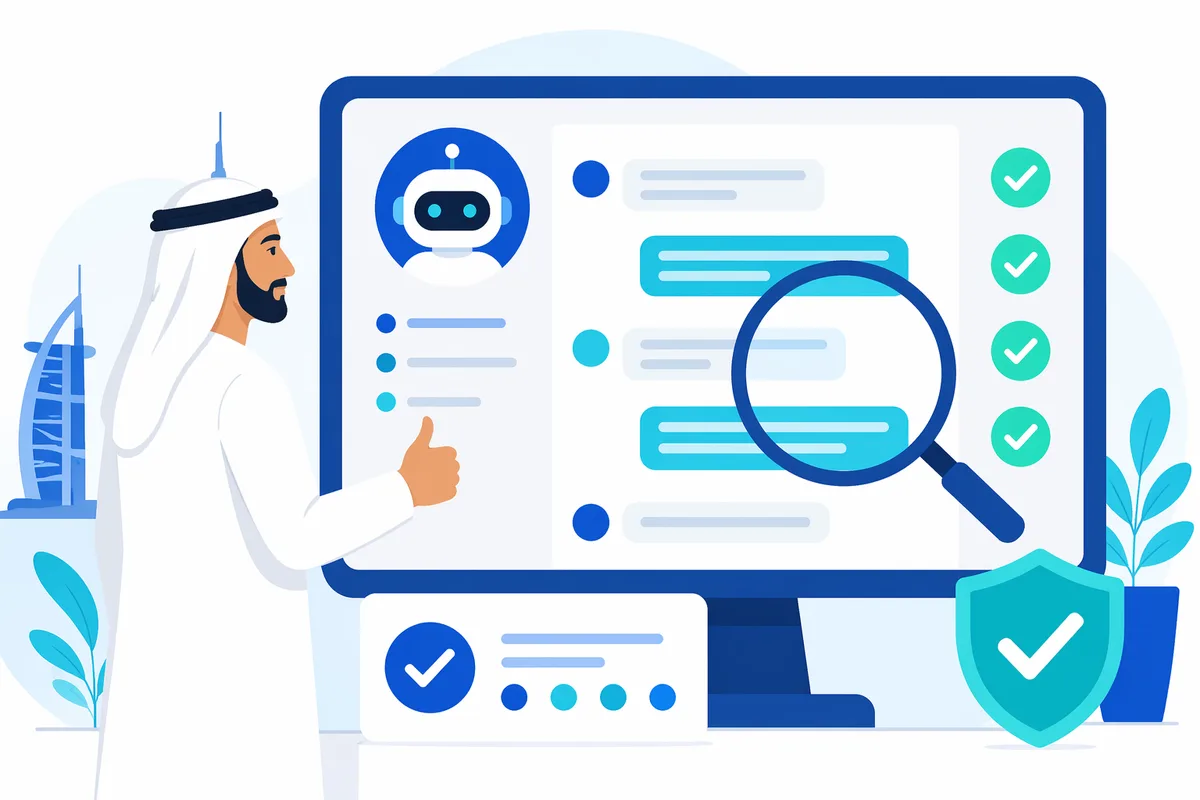 A UAE business owner reviewing and approving an AI chatbot on screen with quality checkmarks and a magnifier, illustrating how to vet an Arabic chatbot builder before buying