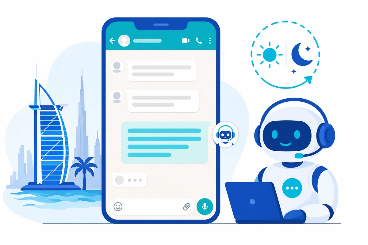 An AI chatbot answering customer messages on a WhatsApp-style interface around the clock, showing 24/7 bilingual support for a UAE business