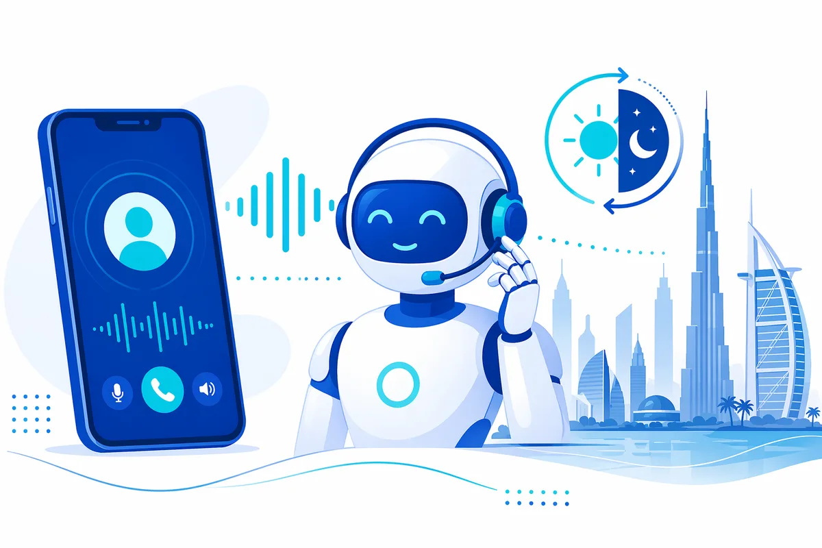 An AI voice agent handling phone calls around the clock with a 24/7 indicator, showing an always-available bilingual voice assistant for a UAE business