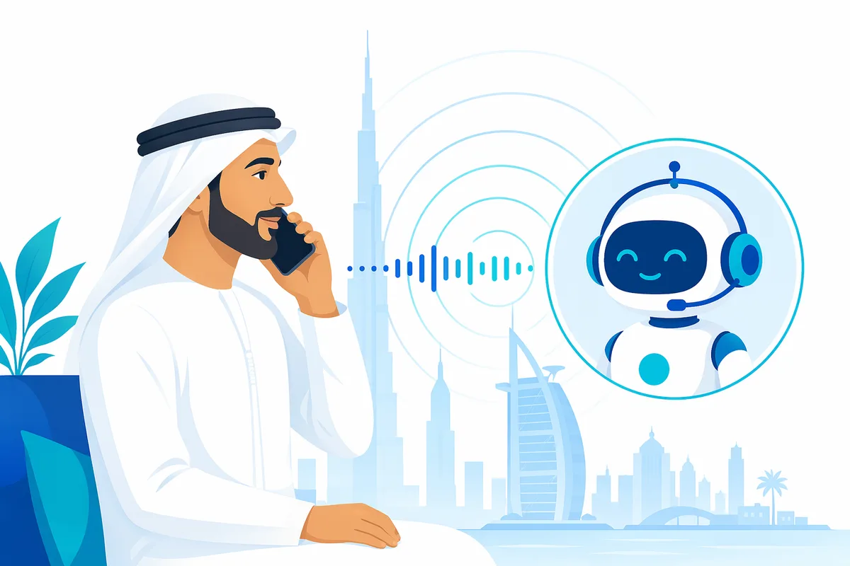 A UAE customer on a phone call with an AI voice agent, shown by sound waves and a friendly AI assistant, with a Dubai skyline behind, representing a natural bilingual voice conversation