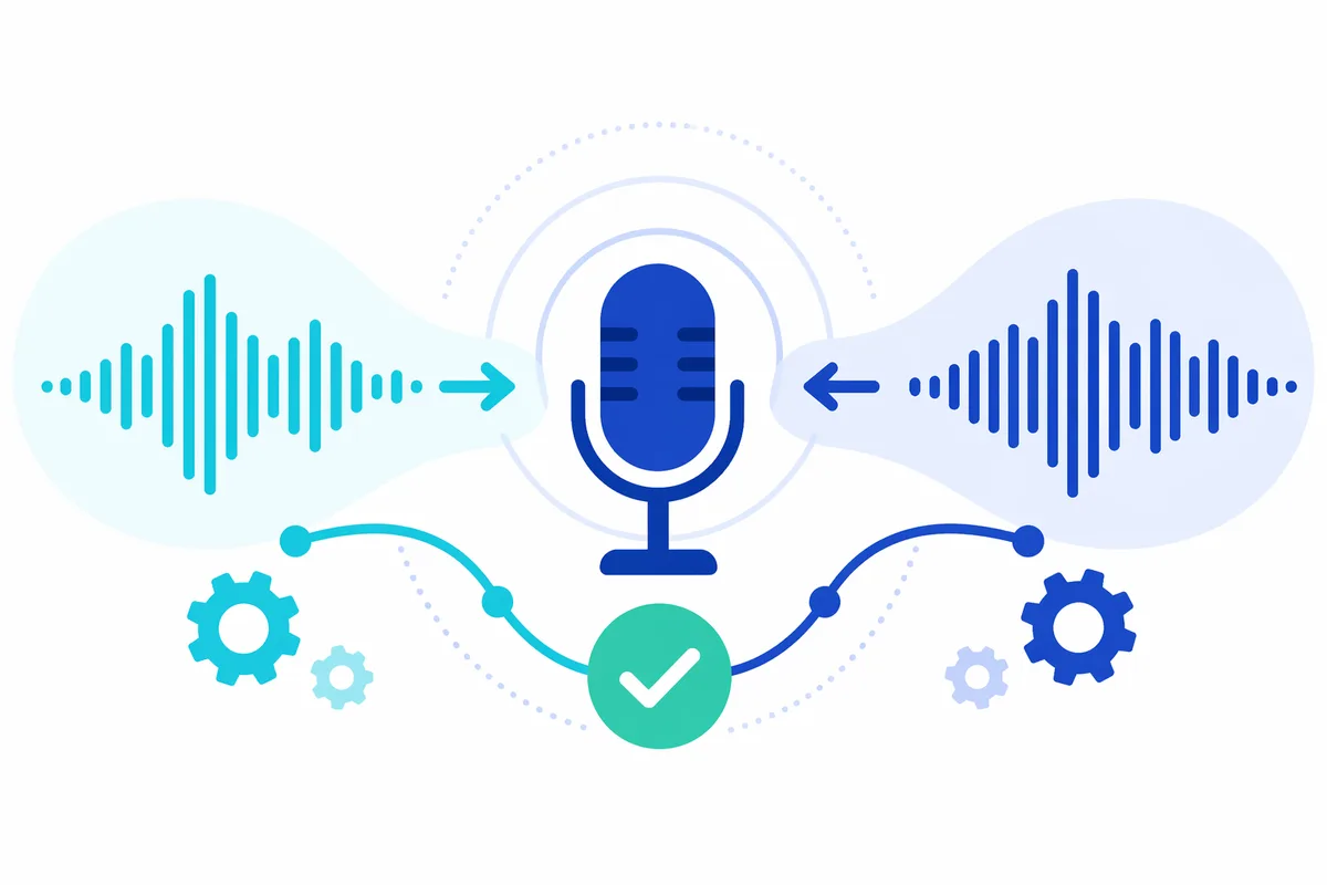 Arabic and English voice recognition meeting at a checkmark, illustrating an AI voice agent that handles Gulf dialect and code-switching correctly