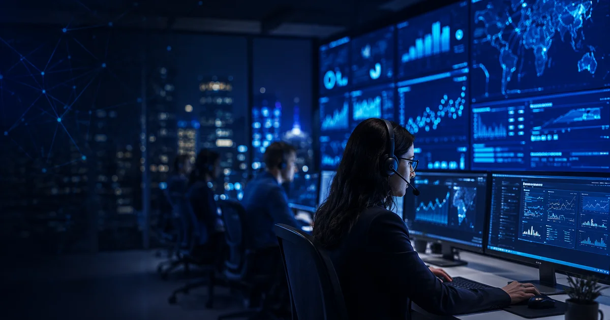 A modern AI customer service command center with dashboards showing chat queues, resolution rates, and automated ticket deflection, illustrating AI customer service software in 2026