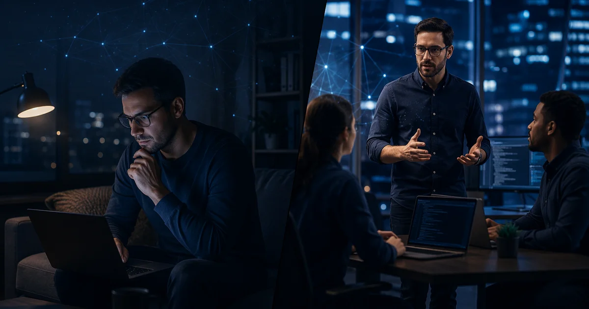 A fractional CTO working part-time on a startup's architecture on one side and a full-time CTO leading an engineering team on the other, illustrating the decision between part-time and full-time technical leadership