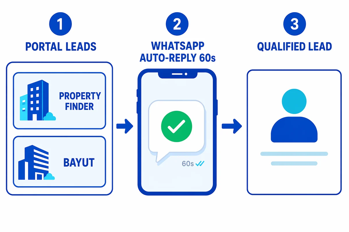 Flow from Property Finder and Bayut portal leads to a 60-second WhatsApp auto-reply to a qualified lead handed to an agent