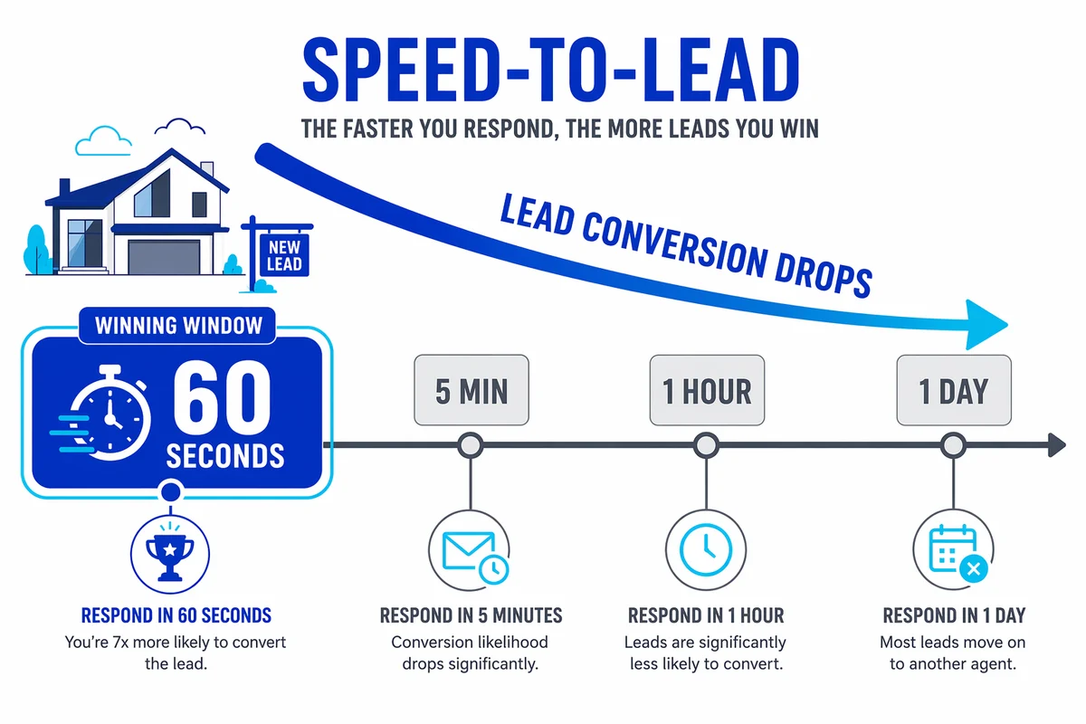 Speed-to-lead timeline showing lead conversion dropping sharply after the first 60 seconds — 5 minutes, 1 hour, and 1 day response windows