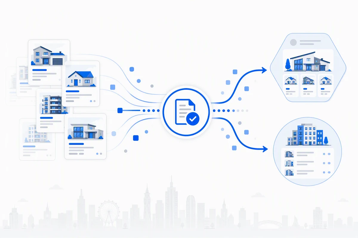 Property listings flowing through a compliance validation gate before being published to two separate property portals