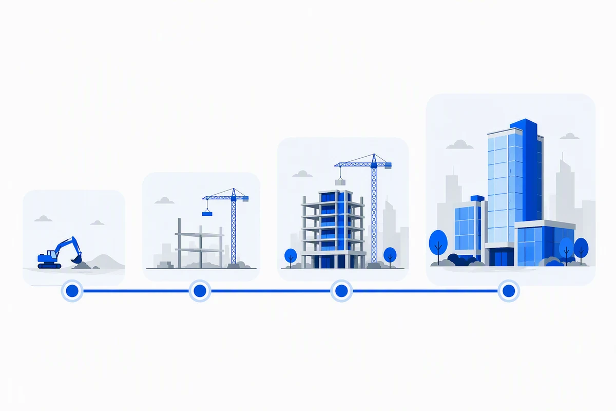 Four-stage build timeline showing scope increasing from foundation through to a complete property platform