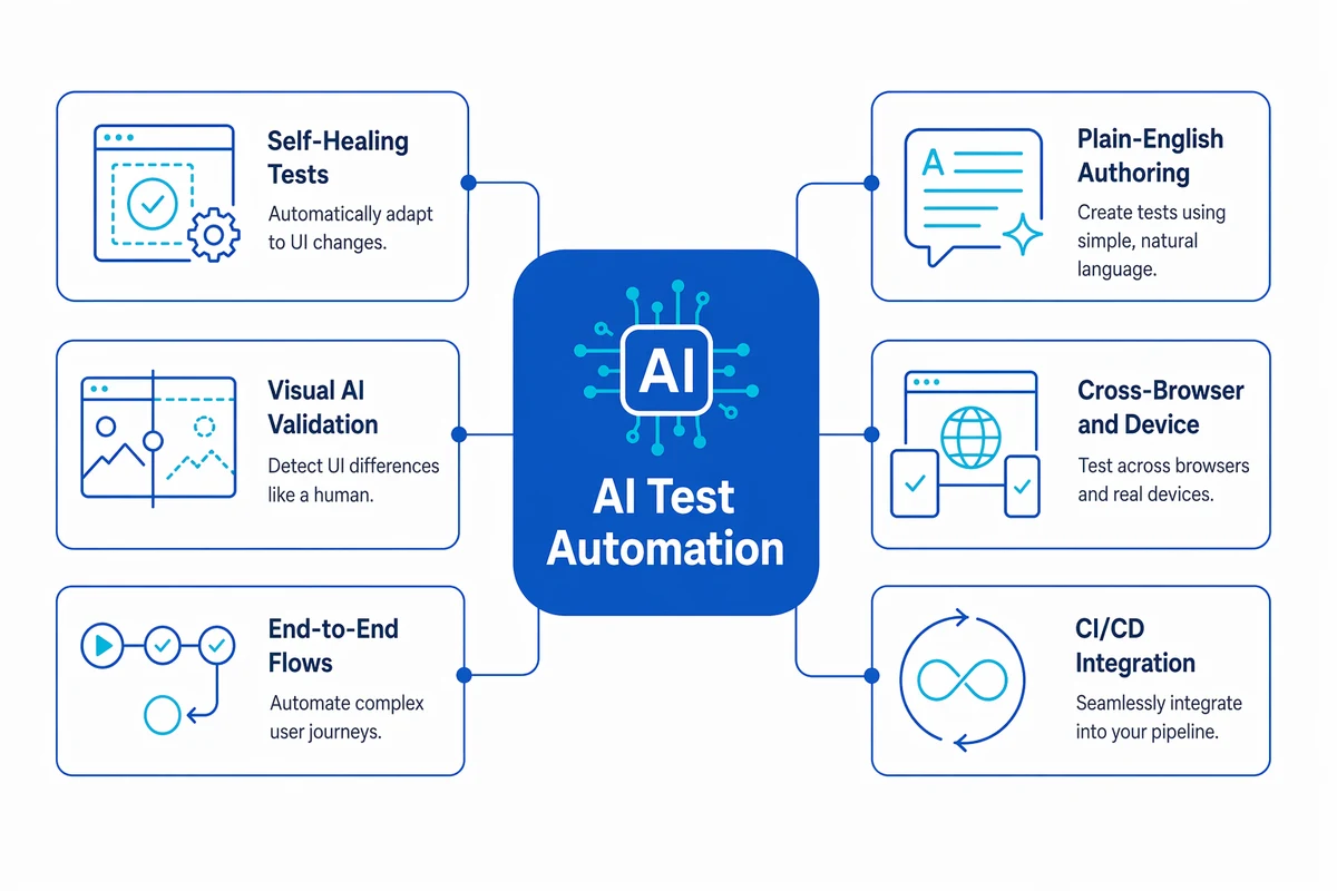 What AI test automation covers in 2026 — self-healing tests, visual AI validation, end-to-end flows, plain-English authoring, cross-browser and device, CI/CD integration