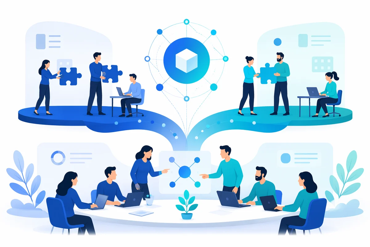 An AI engineering partner shares engineering ownership: two teams merging into one embedded workspace around a shared product core