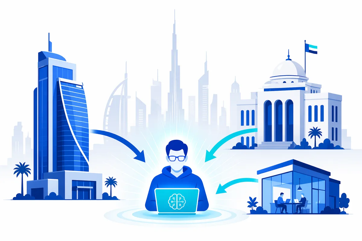 UAE banks, government bodies, and startups all competing for the same scarce AI engineer, with a Dubai skyline behind them, illustrating the talent shortage that drives up salaries and slows hiring
