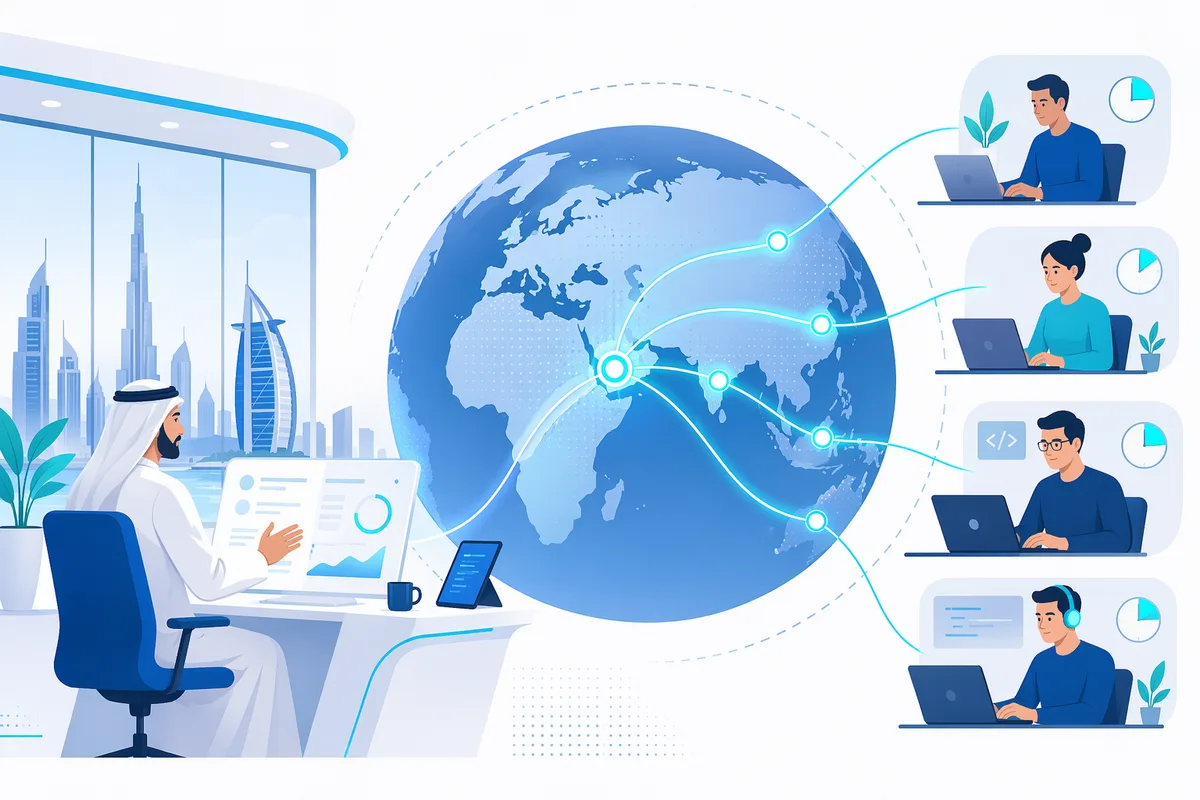 A hybrid AI team model: a UAE-based leader in a Dubai office connected across a globe to a distributed offshore team of developers, showing UAE-facing leadership plus offshore delivery across timezones